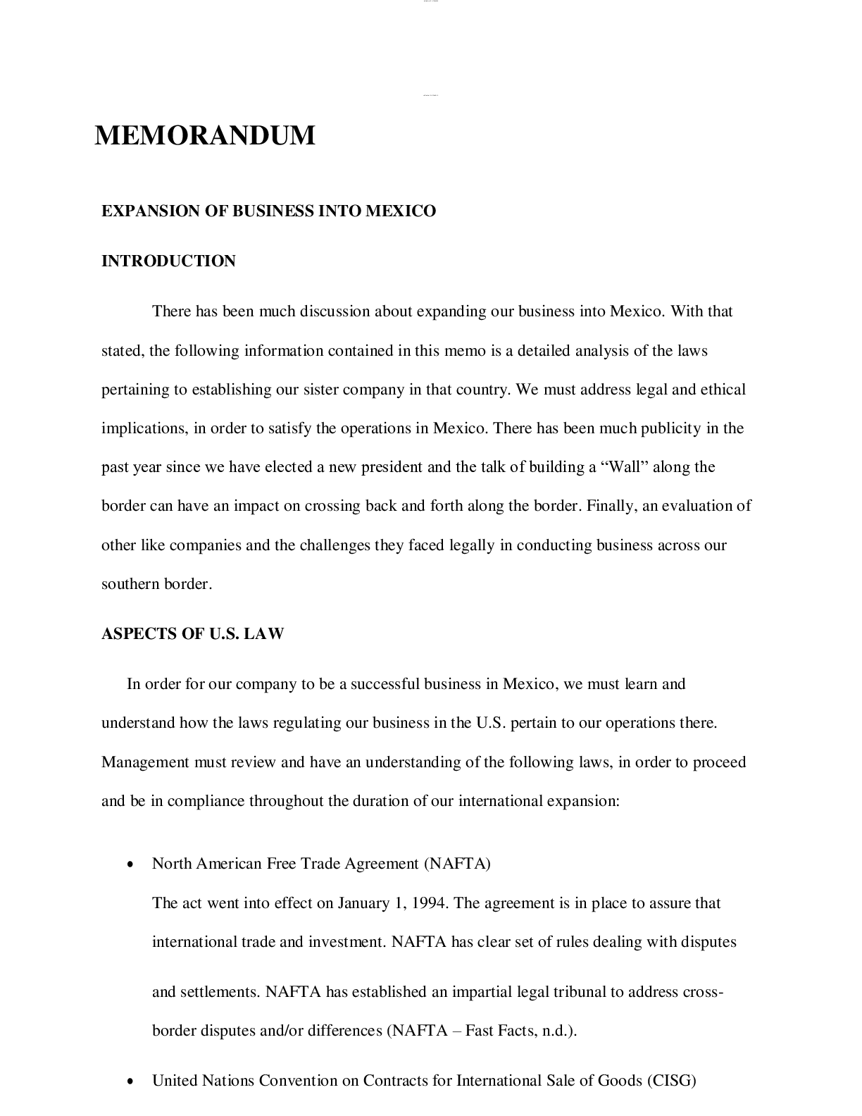 Preview image for Memorandum Final Project Part II Milestone 1 Business Law EXPANSION OF BUSINESS INTO MEXICO